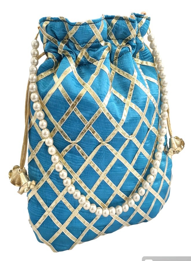 DUCHESS Women's Gota Patti Blue Potli Bag Purse with Pearl Handle (Pack of 2) - Image 3
